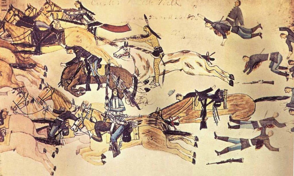 Crazy Horse at the Battle of Little Bighorn as depicted by the artist Amos Bad Heart Bull around the turn of the 20th century – cover image for The Nomadic Professor's American History Part 3